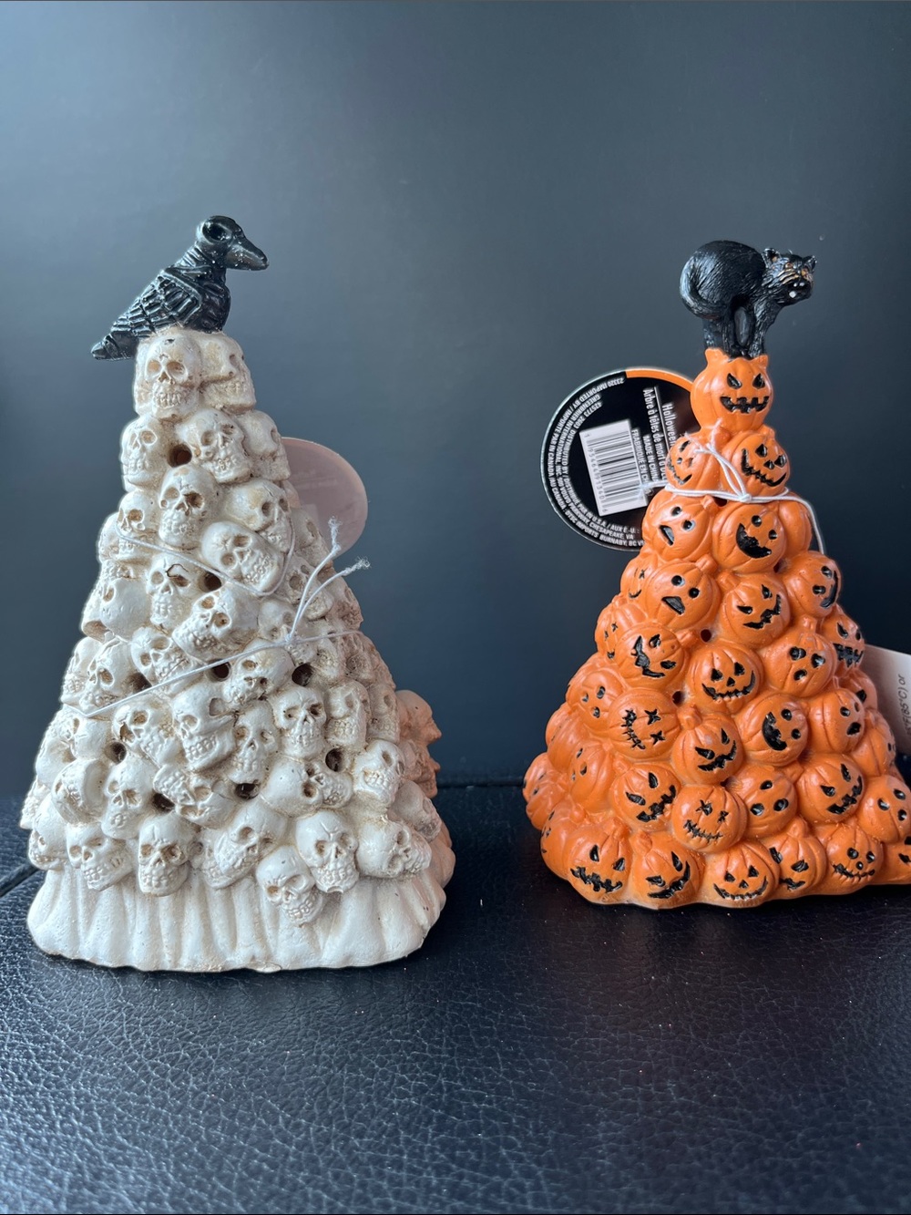 VIRAL- Pair of Halloween Cone Figurines - White Skull & Orange Pumpkin. 5” by 4”